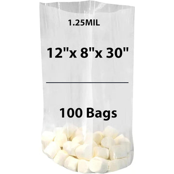 LDPE Clear Gusseted Poly bags 1.25 mil 12" X 8" X 30" 100 Bags